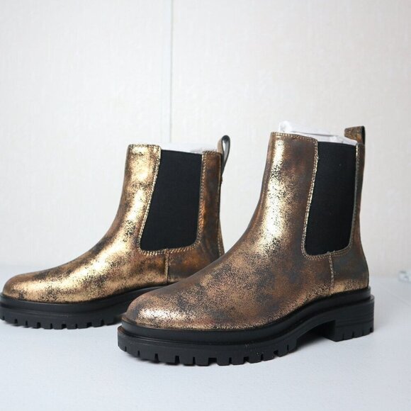 LAUREN RALPH LAUREN Gold Distressed Lug Sole Goring Corinne  Block Heel Booties - Picture 4 of 12